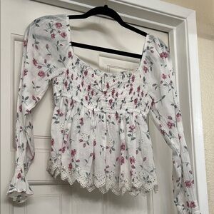 American Eagle Outfitters Floral Smocked Blouse - White and Pink